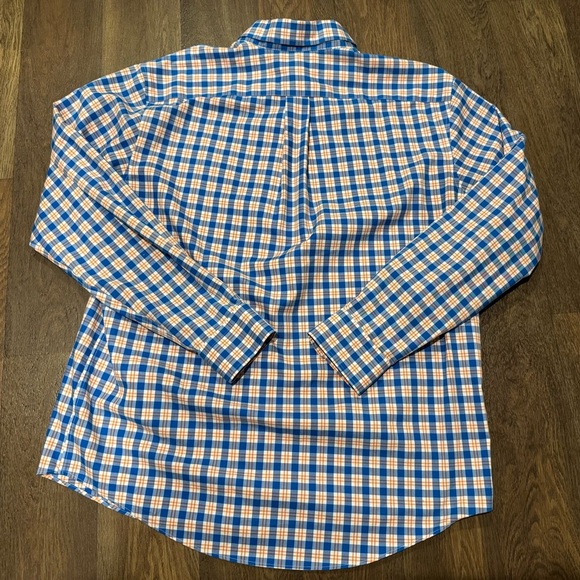 Land’s End Traditional Fit No Iron Twill Shirt Blue Orange Plaid Size Large - Picture 4 of 9